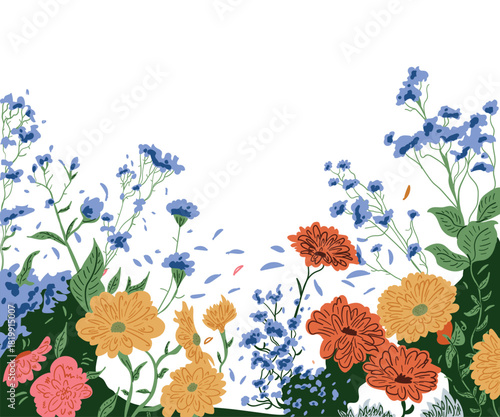 Colorful floral border illustration with wildflowers and decorative foliage