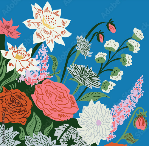 Colorful botanical illustration with vibrant garden flowers on blue background