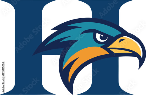 Aggressive blue and orange eagle head logo with large blue letter h