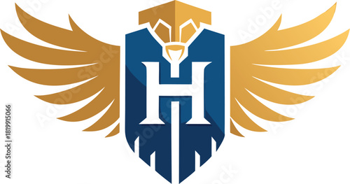 Winged crest logo with letter h inside blue shield gold accents