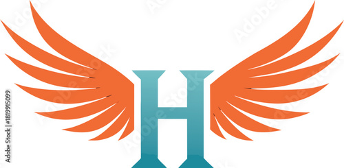 Blue letter h with orange wings logo on dark blue background.