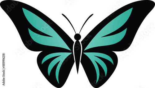 Graphic butterfly with turquoise and black wings on a light blue background