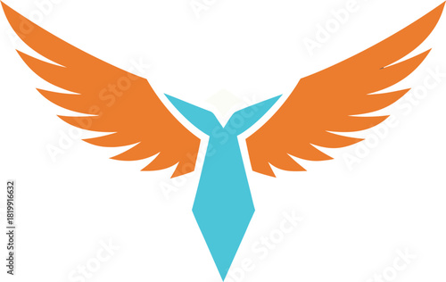 Stylized phoenix emblem with outstretched orange wings and blue body