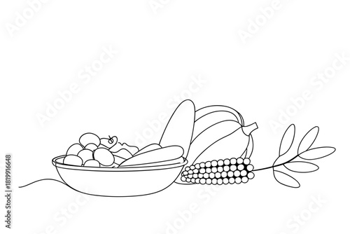 Line art illustration of assorted vegetables and fruits in bowl  