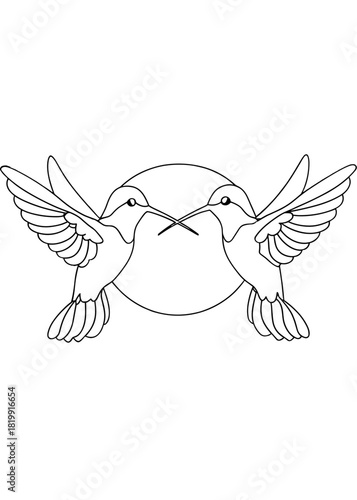 Two hummingbirds facing each other with wings spread above circle  