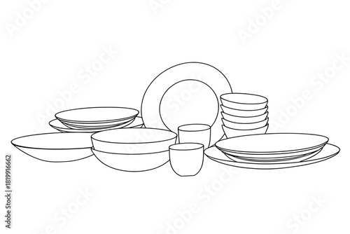 Line art illustration of various kitchen dishes and plates  
