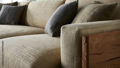 Comfortable sectional sofa with linen upholstery and wooden accents furniture