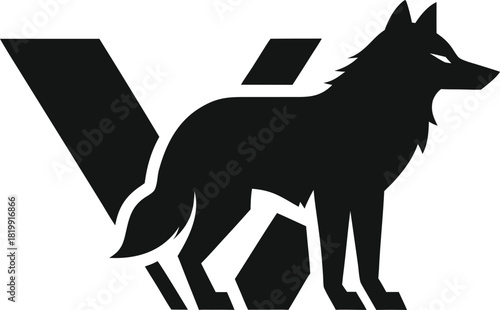 Silhouette of wolf integrated with letter v logo vector graphic
