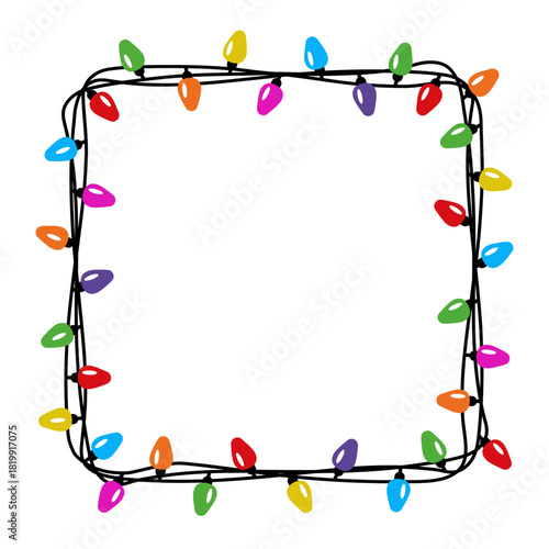 Decorative square shaped frame with Christmas lights with empty space. Vector design of light bulb garland. Winter holiday element for greeting cards, invitations, banners, posters