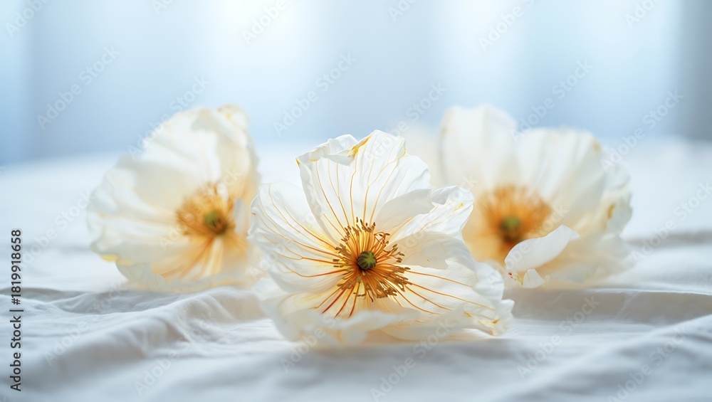 Obraz premium Delicate white poppies on a soft white fabric background with light
