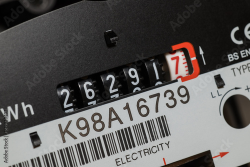 London, UK, November 24th 2025:A close-up of a domestic electric meter and counter dials. Concept for energy, heating bills, electricity, measurement and meter reading. 