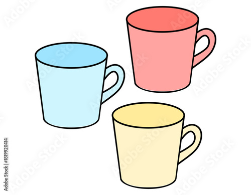 シンプルな3色のコップイラストのセット　赤・青・黄