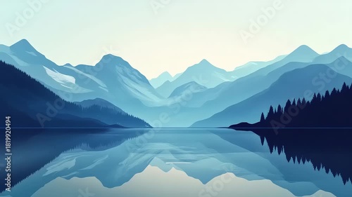 Wallpaper Mural Minimalist mountain range landscape with forest and reflection in a calm lake during a serene morning Torontodigital.ca