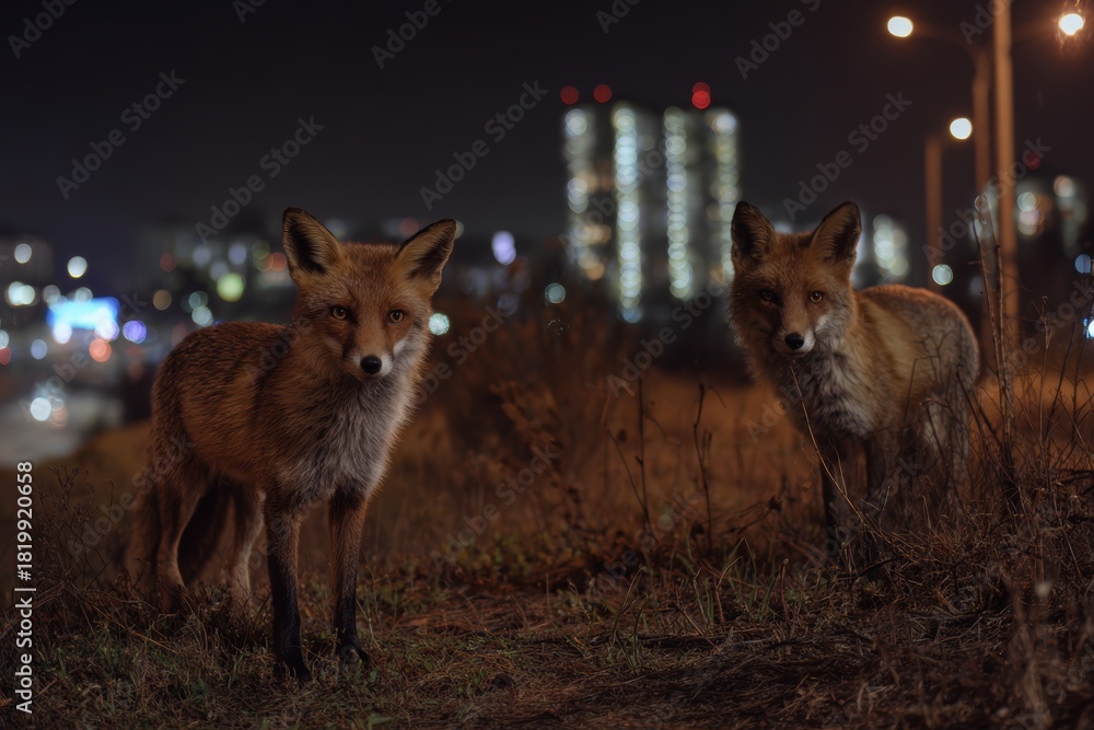 Naklejka premium Two foxes standing in front of a city at night, urban wildlife scene