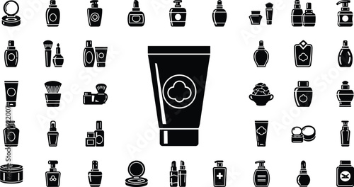 cosmetic product icons, skincare packaging vector, toiletry silhouette design, beauty item graphics, hygiene container set, cad drawing flat vector illustration