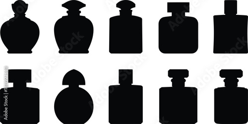 perfume bottle icons, fragrance silhouette vector, cosmetic packaging design, elegant container shapes, beauty product graphics, cad drawing flat vector illustration