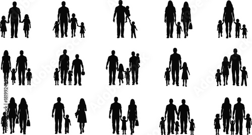 Family silhouettes, walking together, parents and children, diverse group, black icon set, cad drawing flat vector illustration
