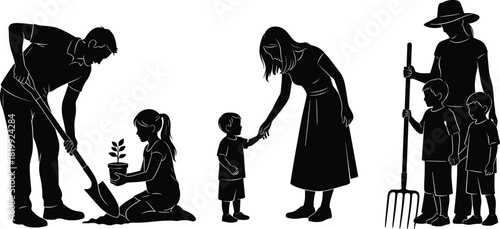 Gardening with children, farming teamwork, adult teaching, planting together, black silhouette, outdoor activity, cad drawing flat vector illustration
