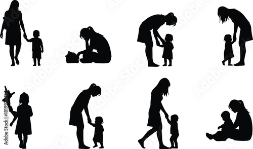 Mother and child, parenting moment, family bonding, nurturing care, black silhouette, emotional connection, cad drawing flat vector illustration