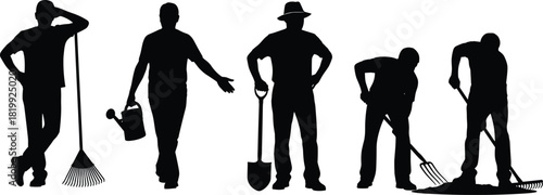 Gardener and Farm Worker Silhouette Vector Set, Men with Rakes, Shovels, Watering Cans, and Pitchforks, Manual Labor and Yard Work Graphic.