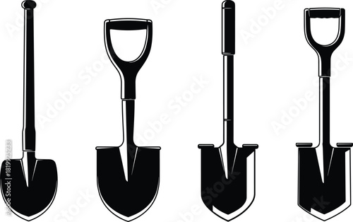 Gardening and Digging Shovel Silhouette Vector Set, Spade and Scoop Tools for Construction and Yard Work, Black Industrial Equipment Graphic.