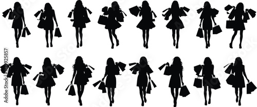 Female Shoppers Silhouette Vector Bundle, Women Carrying Many Shopping Bags, Retail Customers Walking, Holiday Sale Event Graphic Collection.