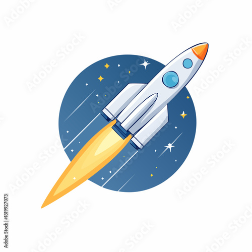 Cartoon White Rocket Ship Launching with Fiery Exhaust.