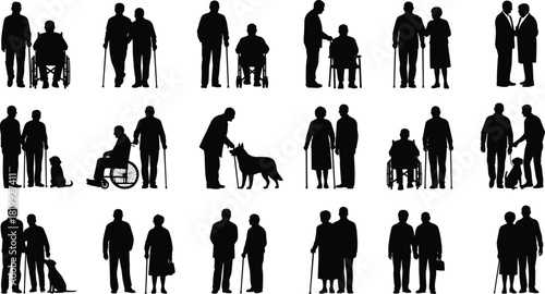 Senior People Silhouette Vector Bundle, Elderly Couples, Caregivers, Disabled Patients in Wheelchairs, and Assistance Dogs Retirement Life Set.
