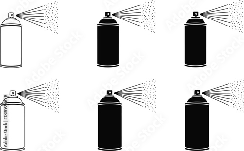 Aerosol Spray Can Icon Vector Set, Mist Nozzle Sprayer Symbol, Solid and Outline Graphics, Paint, Graffiti, Deodorant, and Cleaning Product Application Sign.