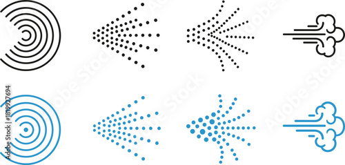 Wireless Signal, Spray Mist, and Wind Icon Vector Set, Wi-Fi, Water, Airflow, Broadcast, and Atomizer Symbols, Black and Blue Outline Graphics for Interface Design.