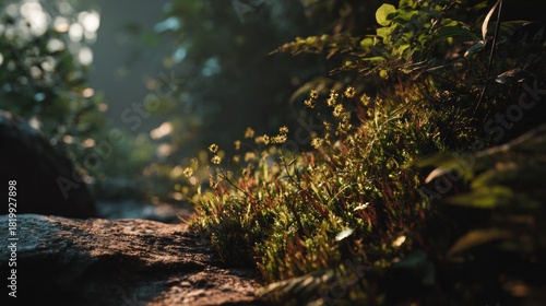 Sunlit meadow scene, illuminated with soft light among vibrant green foliage