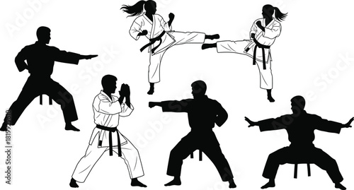Dynamic Set of Karate Martial Arts Silhouettes and Line Art Vector Illustration, Featuring Men and Women in Action Kicks and Fighting Poses, Ideal for Dojo and Sport Graphics