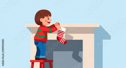Excited Child Hanging Christmas Stocking on Fireplace Mantel