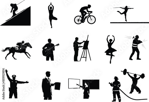 Collection of black silhouette icons representing diverse activities