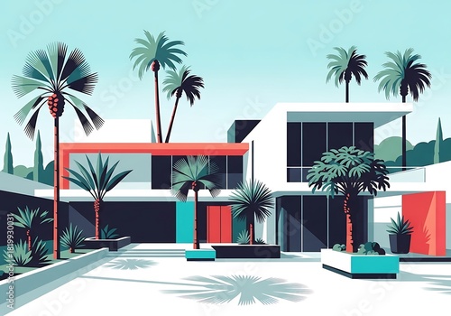 Modern architecture dwelling in arid paradise, Palm Springs villa view