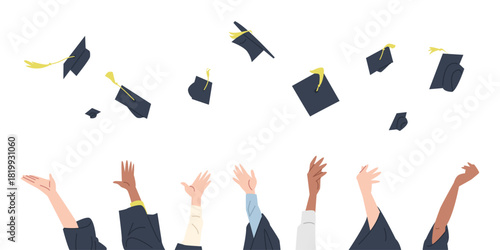 Hands throwing graduation caps in celebration. Cartoon style vector illustration.