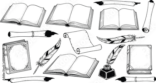 Extensive Vintage Engraving Style Vector Set of Old Books, Open Pages, Parchment Scrolls, Quill Pens, and Ink, Ideal for Historical Literature and Education Graphics