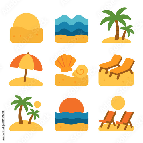 Beach scene beach icons like palm trees shells and chairs create a perfect relaxing seaside illustration.
