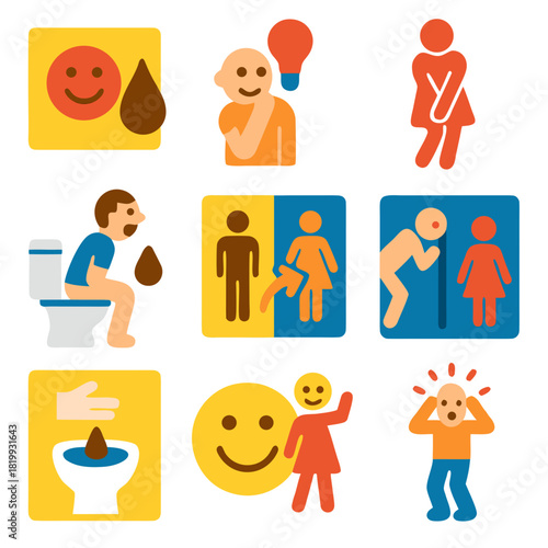 Funny restroom sign icons humorously represent various human conditions in this relatable vector set.