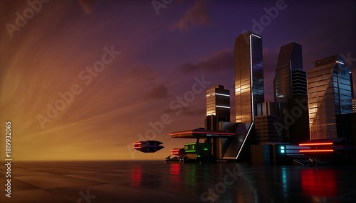 Futuristic cityscape at sunset with glowing skyscrapers and hover vehicles, vibrant colors, copy space