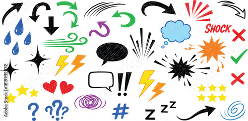 Hand-Drawn Comic Speech Bubbles, Arrows, and Graphic Elements