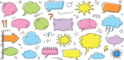 Collection of colorful speech bubbles and doodle elements for communication and design