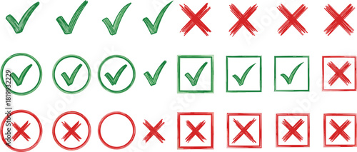 Collection of green checkmarks and red crosses in various styles, representing approval and rejection, common symbols for decision making and verification