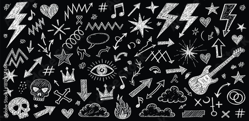 Hand-drawn doodle elements arrows, stars, lightning bolts, and more on a dark background