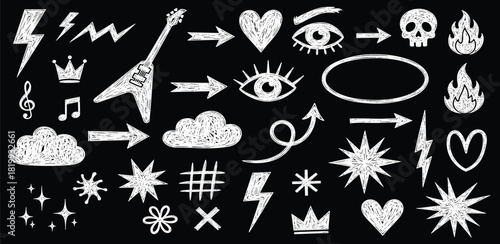 A large collection of hand-drawn doodle elements. Vector set of sketchy arrows, abstract shapes, swirls, hearts, and symbols for design