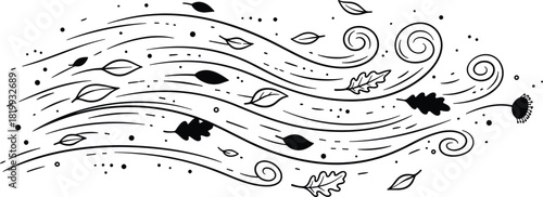 Hand-drawn illustration of a strong wind gust blowing swirling autumn leaves. A black and white sketch representing windy weather and the fall season