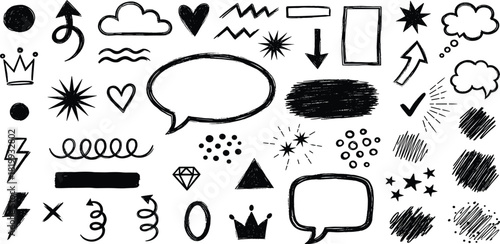 Diverse collection of hand-drawn graphic elements, including arrows, speech bubbles, stars, and scribbles, perfect for design projects