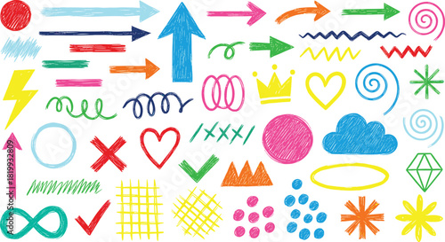 Colorful hand-drawn arrows, shapes, and doodles set for design and decoration elements