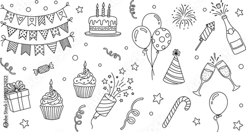 A variety of hand-drawn birthday party icons and festive celebration elements in a black and white sketch style