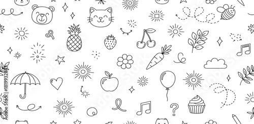 Seamless black and white pattern with a whimsical doodle collection of cute animals, fruits, and fun objects for coloring